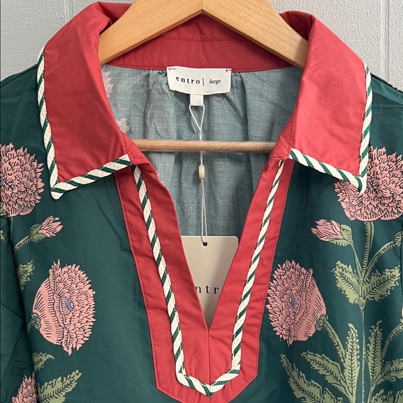 NWT Floral Entro Top Blouse Shirt Large Teal Green Pink New with Tags! - Picture 5 of 12